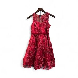 Elegant Rare Editions Tulle High/Low Asymmetrical FloralDark Red Dress for Girls
